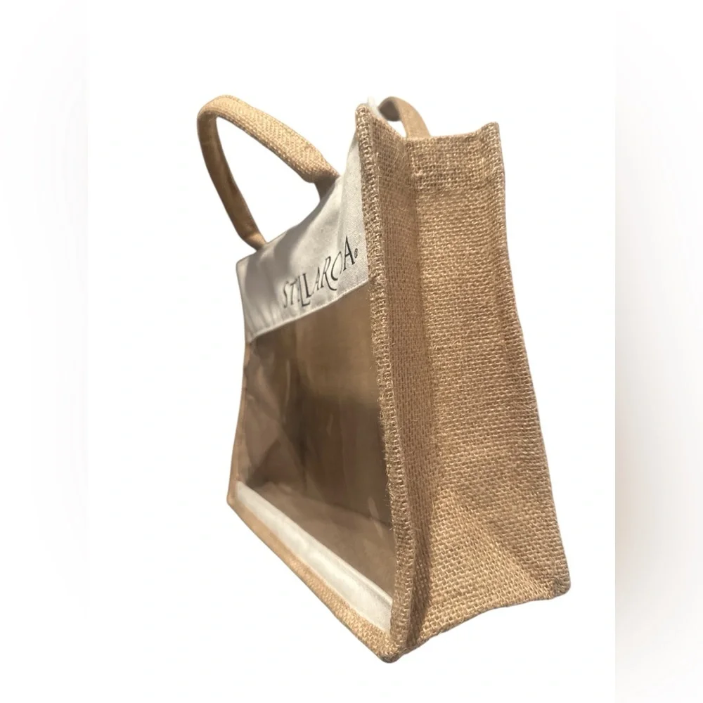 Stella Rosa Tan and Cream Burlap Tote Bag with Transparent Panel used for Wine - Picture 3 of 5